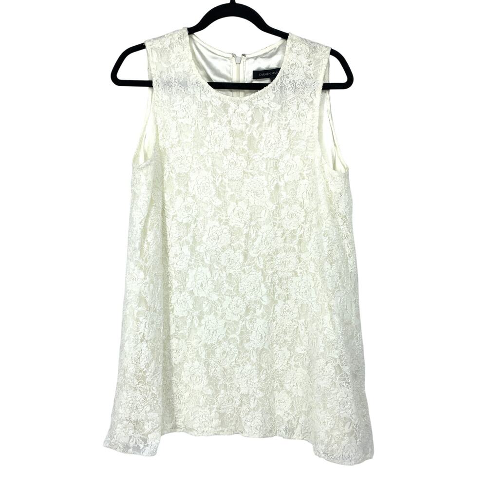 Carmen Marc Valvo Top Womens Large Ivory Sleeveless Floral Lace Sequins A-Line